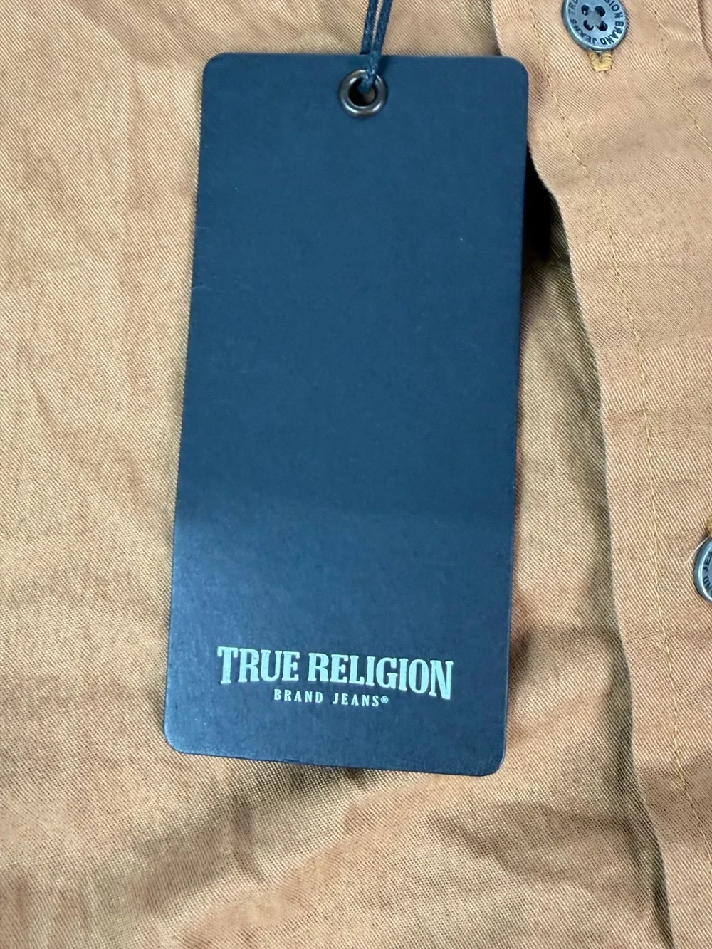 True Religion Men's Button-Down Shirt in Caramel Brown with Navy Logo